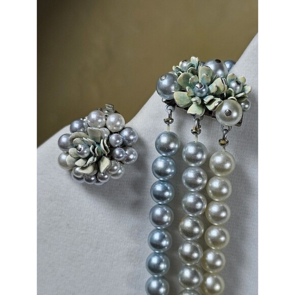 Vintage Japan Faux Pearl 3-Strand Necklace & Clip-On Earrings Set Floral Cluster - Picture 4 of 16